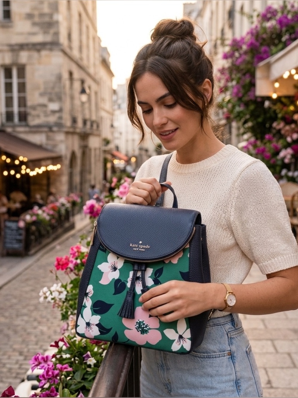kate spade Navy Floral Green Drawstring Backpack
